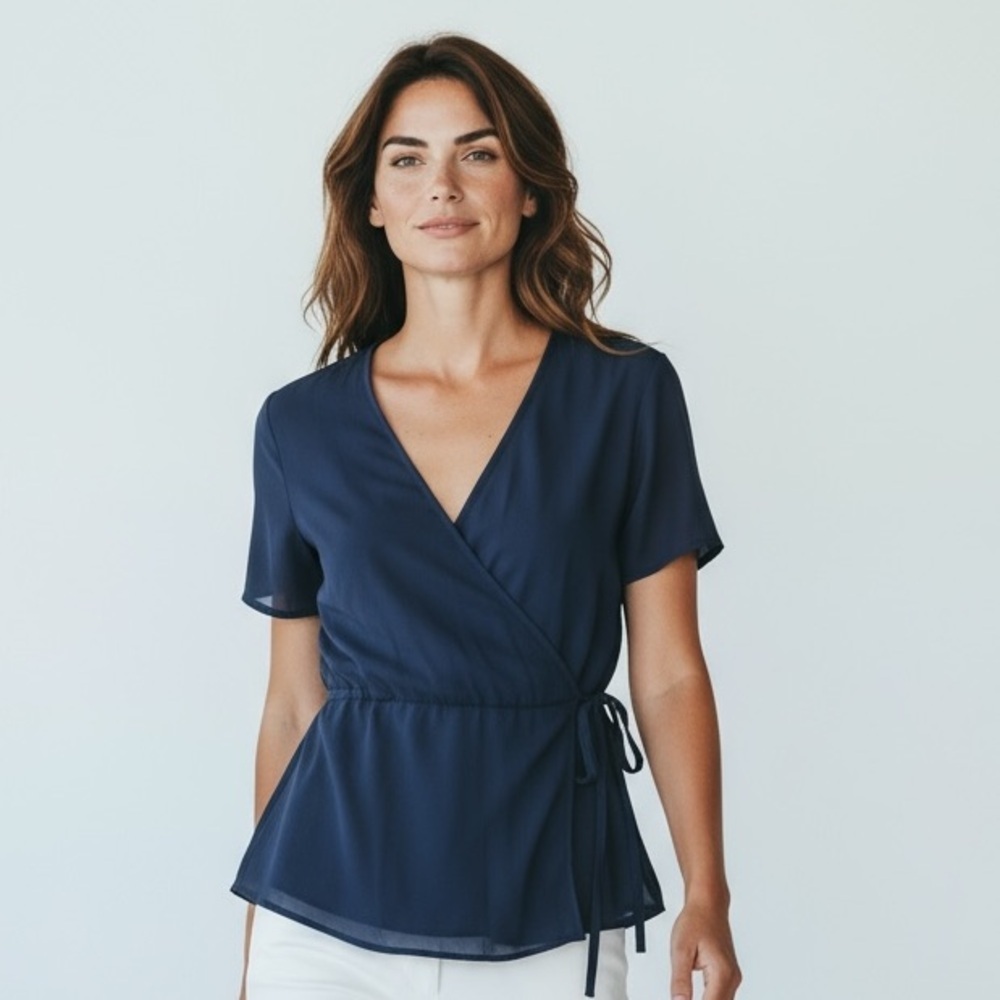 Lulus ladies wrap around ladies blouse NWT. Navy flowy split short sleeve. Large